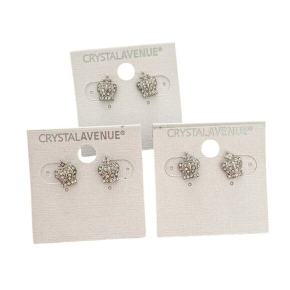 NWT Set of 3 Shiny Crystal Crown Silver Plated Earrings - Picture 1 of 2